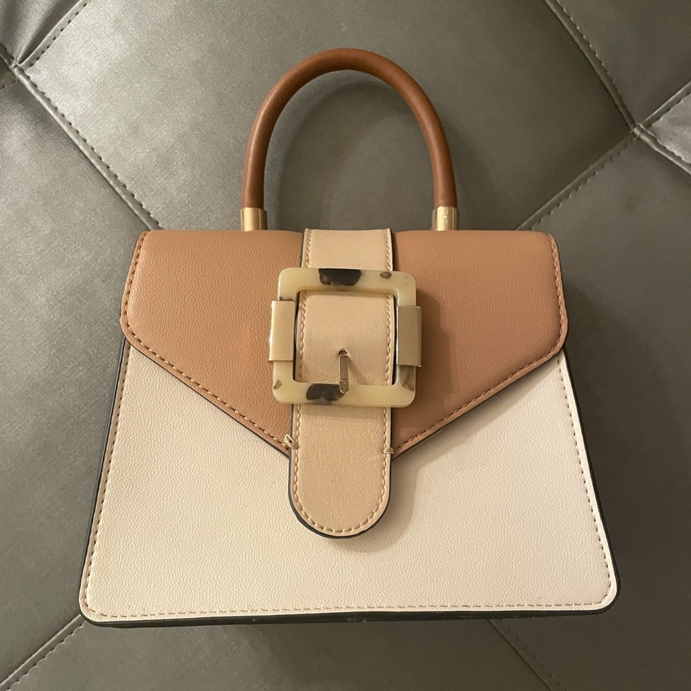 Beige/tan top handle small handbag